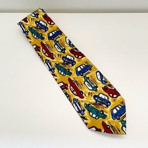 Vintage Keith Daniels silk car tie novelty cartoon teacher fun yellow Americana
